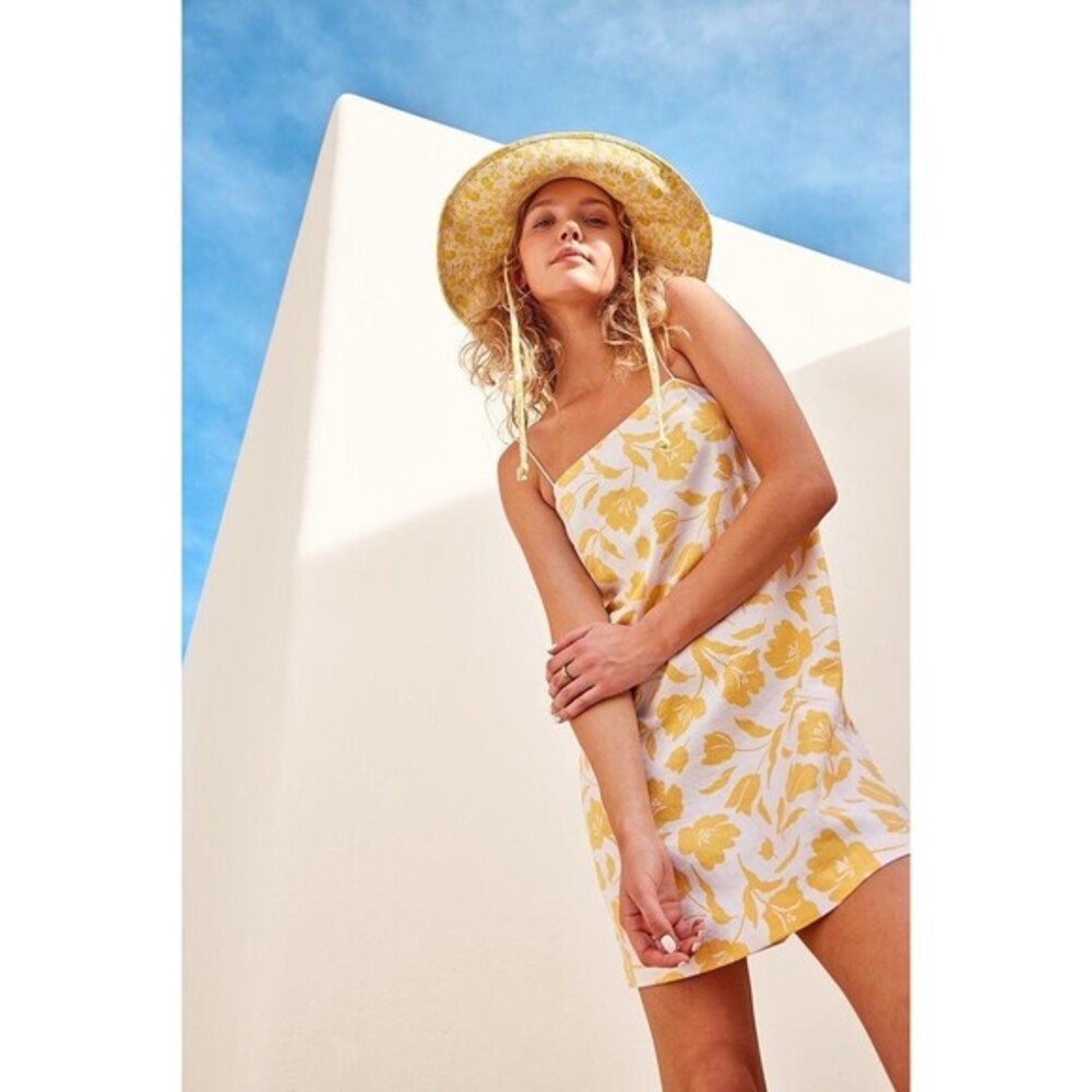 Old Navy‎ Yellow Floral Linen Blend Tie Strap Mini Shift Dress Womens Medium